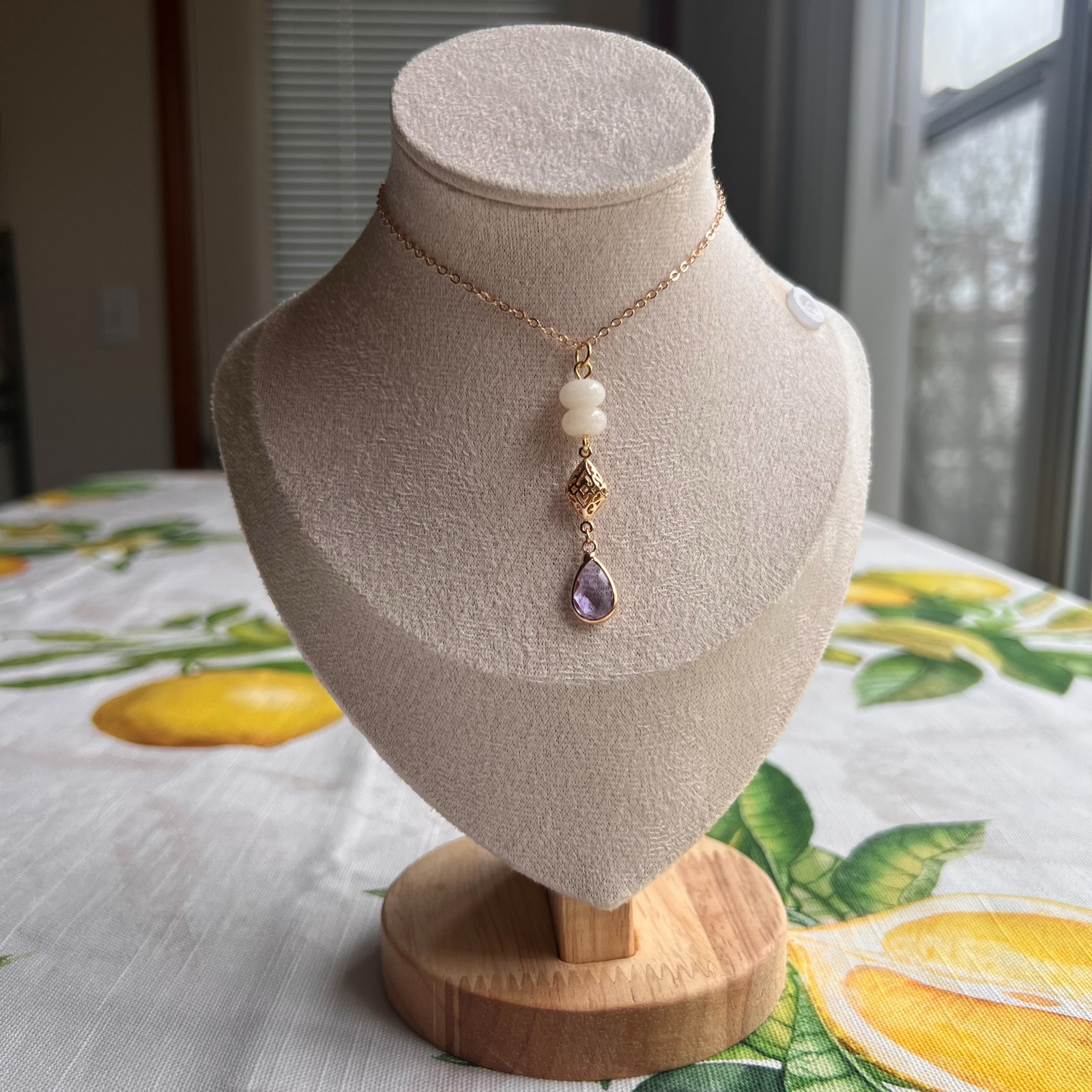 Buttercream Beige Lavender Amethyst Glass Beaded Drop Romantic Art Deco Necklace